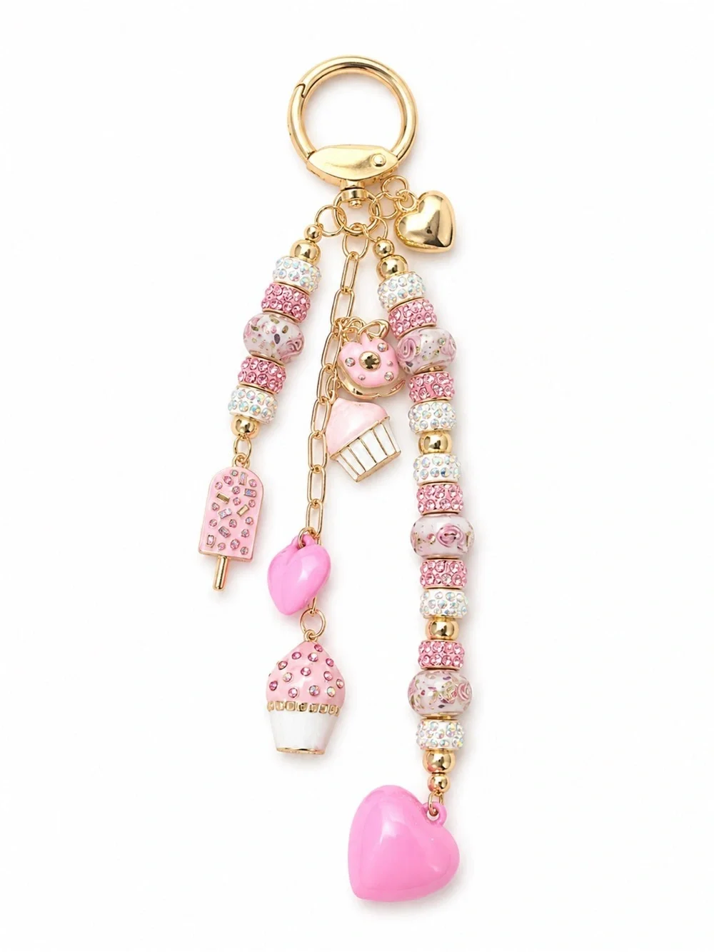 Pink Beaded Charm Keychain with Hearts & Sweets